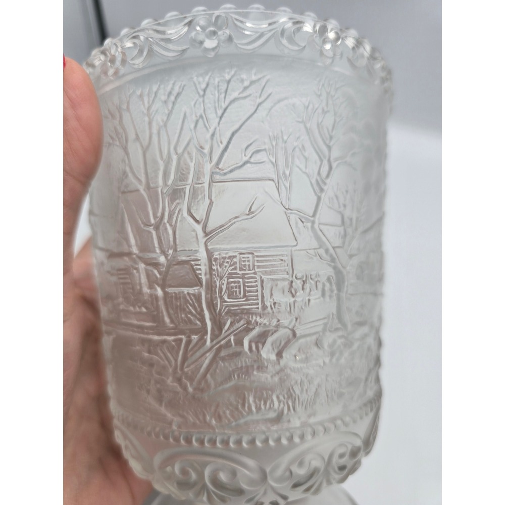 Imperial Glass Vase Hobnail Frosted Winter Scene Etched Glass Vase, Fenton